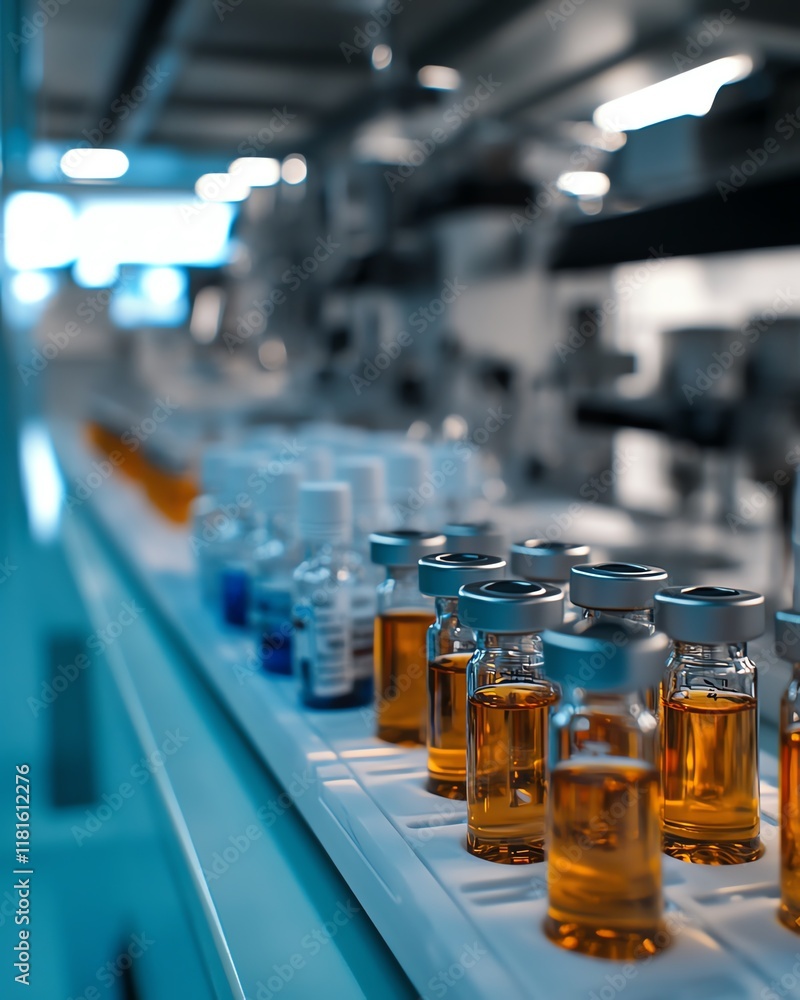 Poster automated pharmaceutical production line in a hightech laboratory, featuring syringes and vials movi
