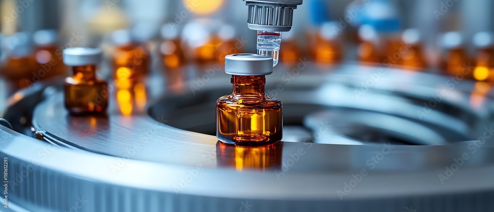Poster automated pharmaceutical production line in a hightech laboratory, featuring syringes and vials movi