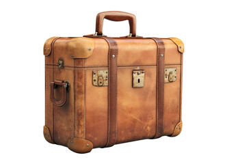 Vintage leather suitcase with brass locks and handle, detailed texture, retro luggage for travel or decor, rustic and classic design isolated on transparent background