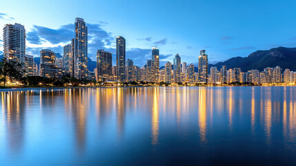 Obraz premium vibrant city skyline reflects in calm waters at dusk, showcasing modern architecture