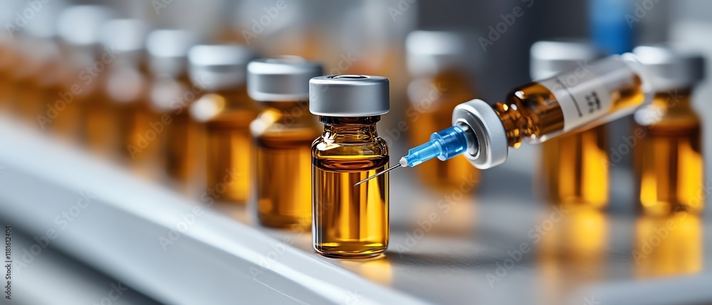 Poster automated pharmaceutical production line in a hightech laboratory, featuring syringes and vials movi