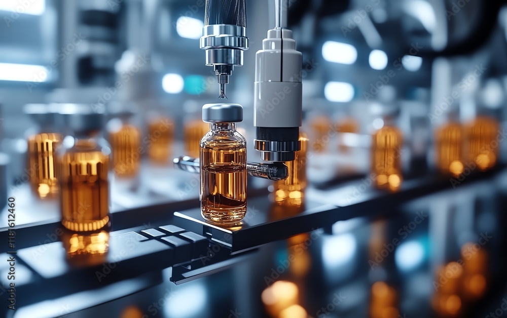 Poster automated pharmaceutical production line in a hightech laboratory, featuring syringes and vials movi