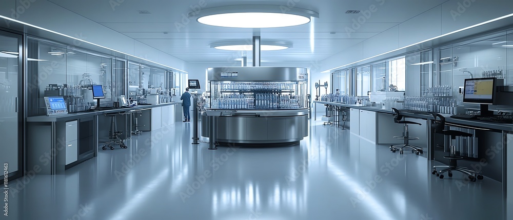 Poster automated pharmaceutical production line in a hightech laboratory, featuring syringes and vials movi