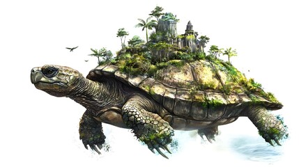 A fantastical turtle with an island landscape on its shell, blending nature and imagination.