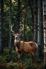 Majestic White Stag with Large Antlers in a Vibrant Spring Forest, Lush Greenery and Colorful Flowers.Beautiful White Deer Standing Proudly in a Lush Forest Clearing. a Graceful White Deer.