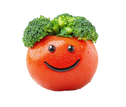 Tomato with broccoli hairstyle, smiling face, creative and fun food design, fresh and healthy vegetable art concept for kids isolated on transparent background