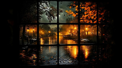 Fototapeta premium Canal Reflects City Lights at Night Through Window, Autumn Leaves Frame the Scene