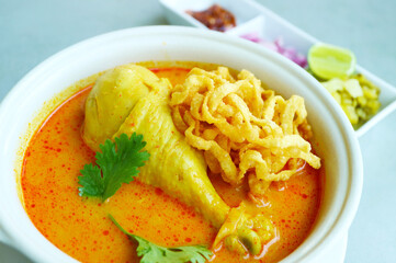 Bowl of Delectable Chicken Khao Soi, a Popular Northern Thai Coconut Curry Noodle Soup