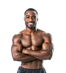 Smiling muscular man posing with arms crossed, shirtless and confident, isolated on transparent background, fitness, bodybuilding, strength, fitness model, healthy lifestyle, gym training
