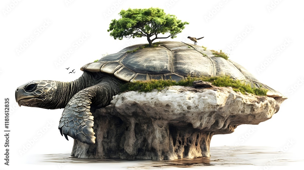 Poster a giant turtle with a lush tree on its shell, symbolizing nature and harmony.
