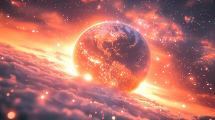 Obraz premium Earth Rotates Above Clouds in Orange Sunset Sky