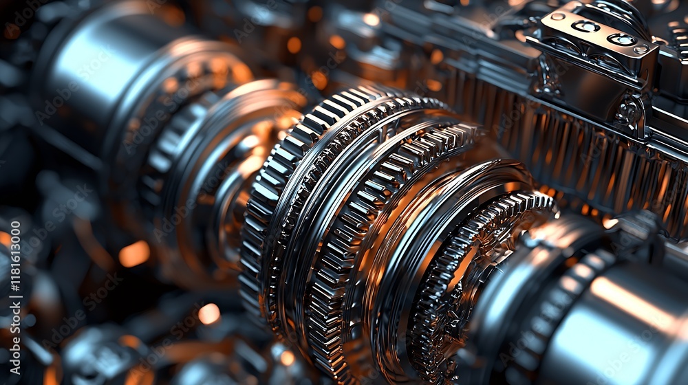 Poster Closeup of Intricate Metallic Engine Components with Orange Accents in Detailed View : Generative AI