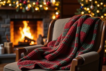 Crocheted Throw Blanket on Armchair by Fireplace and Christmas Tree