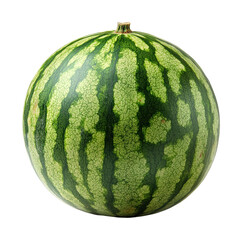 Green whole watermelon with striped skin, fresh tropical fruit for healthy summer snacks, ripe juicy melon isolated on transparent background