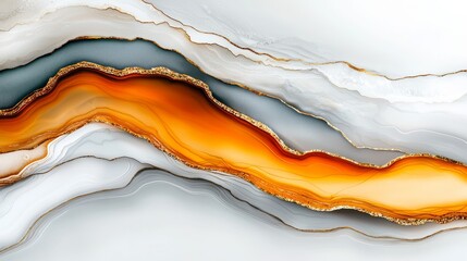 Abstract Orange Grey and Gold Fluid Art Painting Swirling Marble Texture Background Design