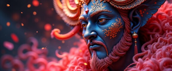 Fantasy portrait of blue-skinned being with golden patterns and glowing red gem on forehead.Prosperity. Wealth. Spiritual power.Fantasy character design, Chinese New Year, mythical creatures, festival