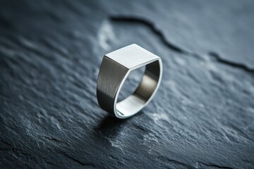 Minimalist Silver Signet Ring on Textured Slate Background.