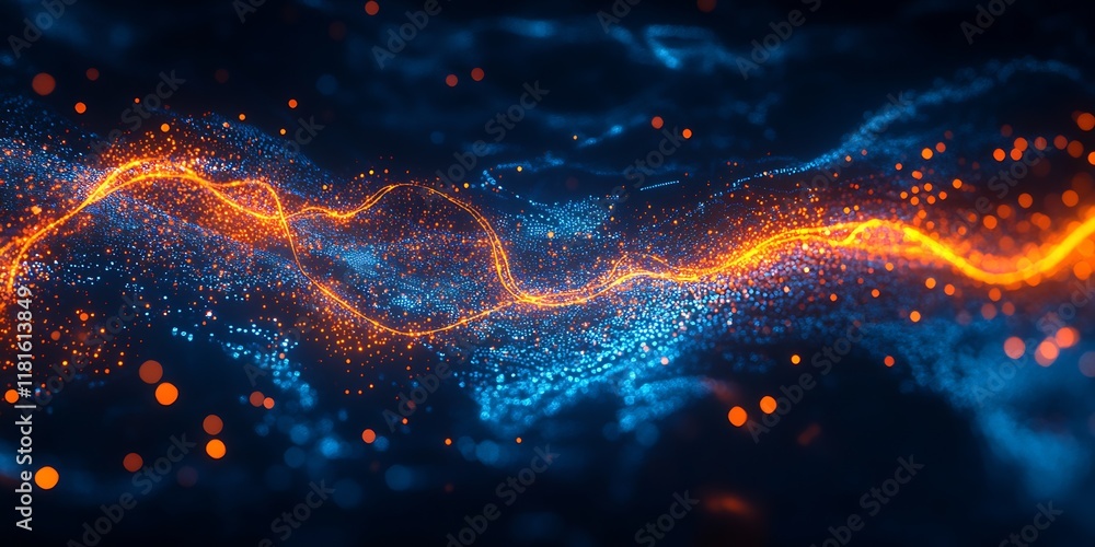 Poster vibrant orange and blue particle waves illustrating digital flow and connectivity : generative ai