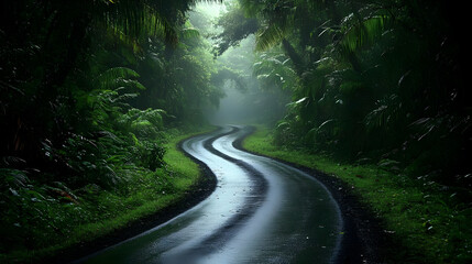 Obraz premium Winding Road Winds Through Lush Rainforest after Rainfall Mysteriously