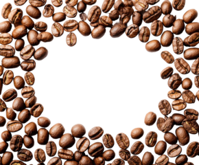 Scattered coffee beans forming a frame, rich brown texture for fresh coffee branding, aromatic beverage ingredient concept isolated on transparent background