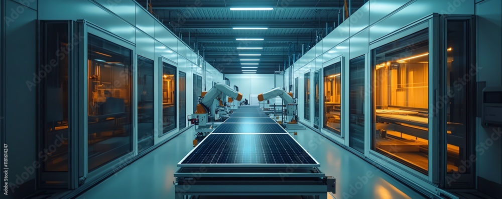 Poster futuristic robotic arms in a bright hightech manufacturing facility, efficiently assembling solar pa