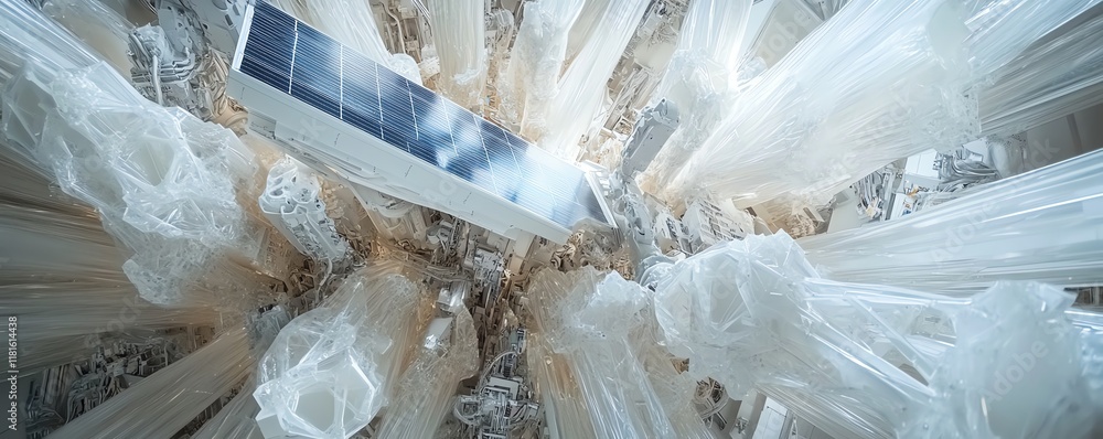 Poster futuristic robotic arms in a bright hightech manufacturing facility, efficiently assembling solar pa