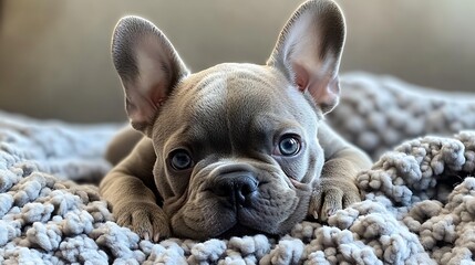 French Bulldog puppy lying on a soft blanket with its oversized ears and wrinkled face in focus evoking cuteness and charm