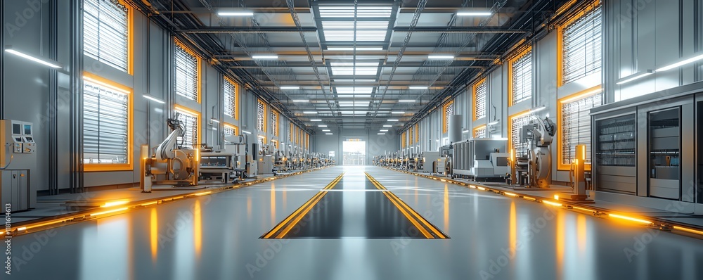 Poster futuristic solar panel manufacturing facility with an advanced robotic assembly line, utilizing high
