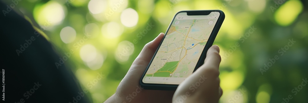 Poster hands holding smartphone displaying navigation app with map on screen, outdoors with blurred green b