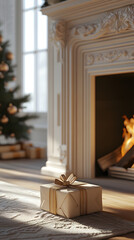fireplace with christmas gift box