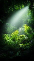 Lush green foliage illuminated by soft sunlight.