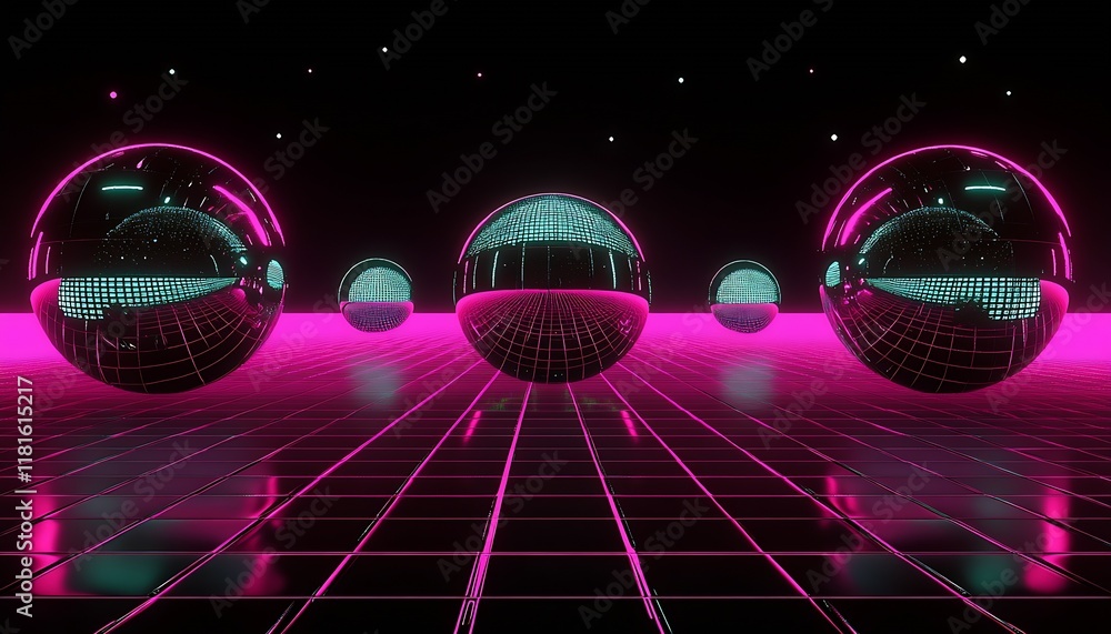 Aufkleber Glowing Neon Orb Composition in a Virtual Sci-Fi Cyberpunk Space Environment : Generative AI