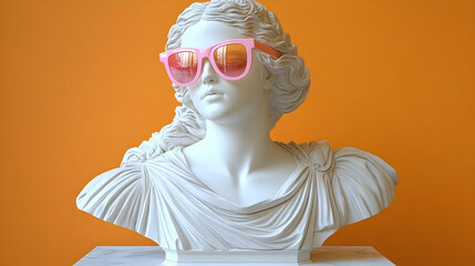 White Bust Wears Pink Sunglasses on Orange: Art, Sculpture, Fashion, Design