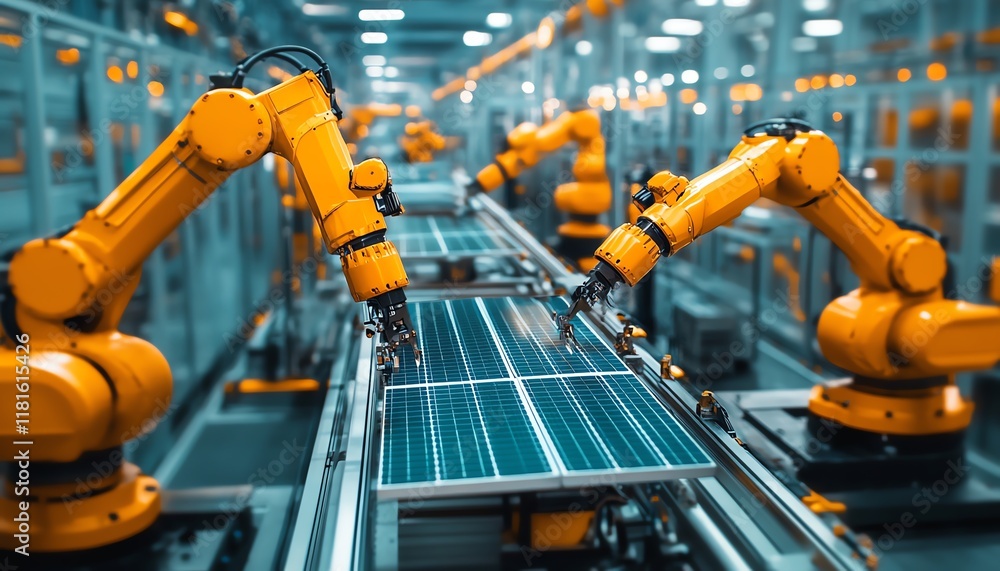 Poster hightech robotic assembly line in a solar panel manufacturing plant, featuring advanced machinery an
