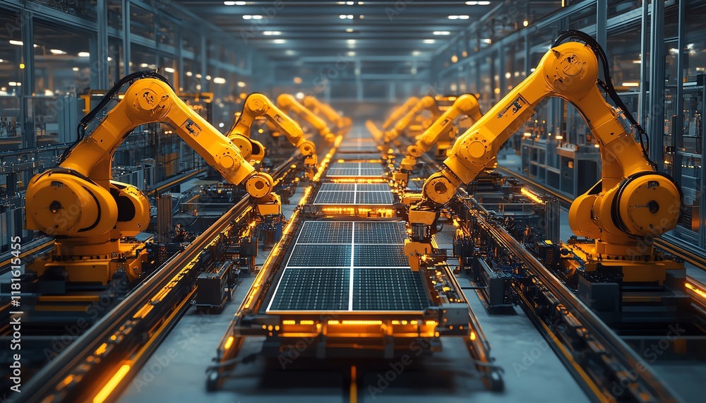 Poster hightech robotic assembly line in a solar panel manufacturing plant, featuring advanced machinery an