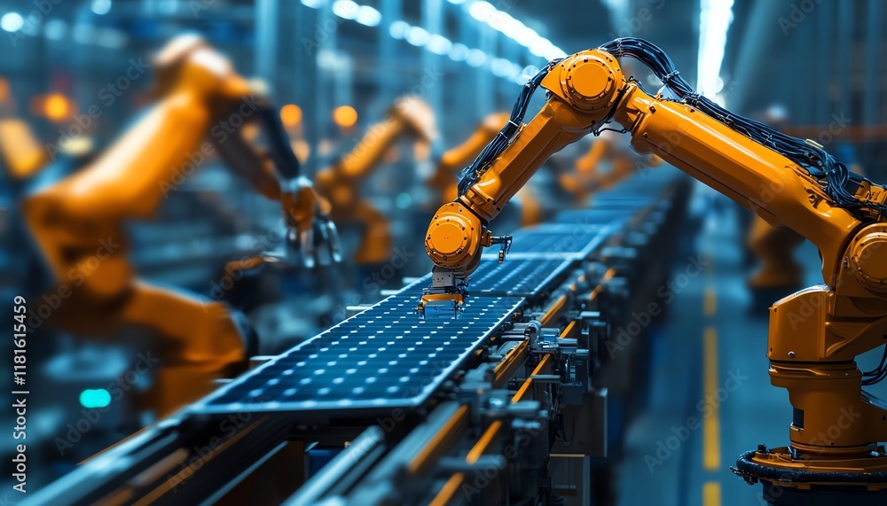 Poster hightech robotic assembly line in a solar panel manufacturing plant, featuring advanced machinery an