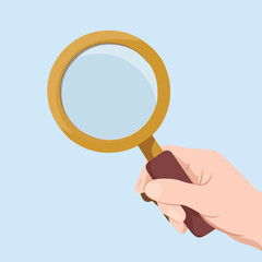 Hand holding magnifying glass with searching illustration and search for investigation with transparent magnifying glass in hand for testing
