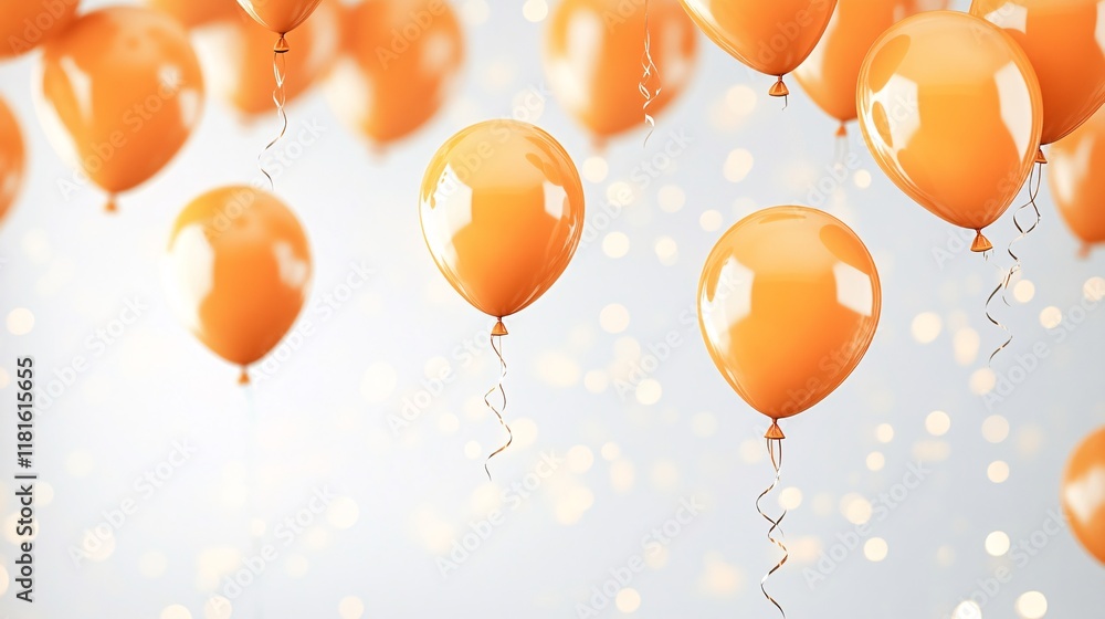 Poster a vibrant display of orange balloons floating against a soft, blurred background, creating a festive