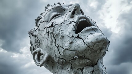 A Cracked Mask of Emotion: A Face Revealing Story of Struggle and Despair Under Darkening Skies