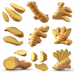 Fresh and Sliced Ginger Roots Displayed on White Background for Culinary and Health Use