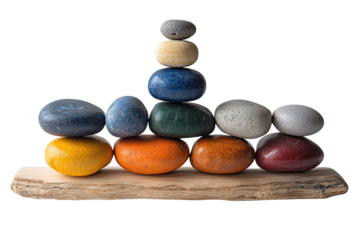 A creative arrangement of colorful pebbles stacked on a wooden base, showcasing balance and harmony. Perfect for decoration or mindfulness themes.