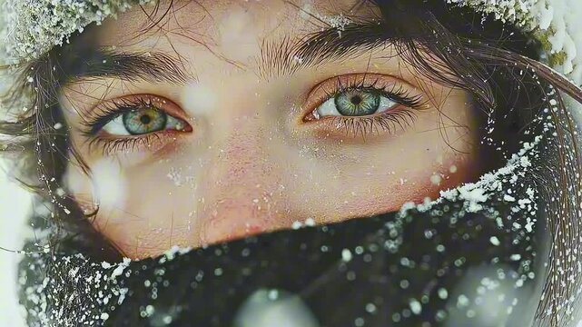 close-up of a woman's eyes surrounded by delicate snowflakes in a winter setting, reflecting the beauty of the season, conveying emotions of wonder and serenity; concept of winter, fashion, beauty ind