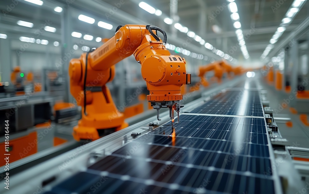 Poster modern solar panel manufacturing facility with advanced robotic arms and hightech automation systems