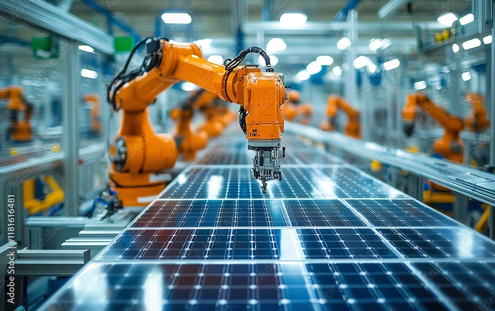 Poster modern solar panel manufacturing facility with advanced robotic arms and hightech automation systems