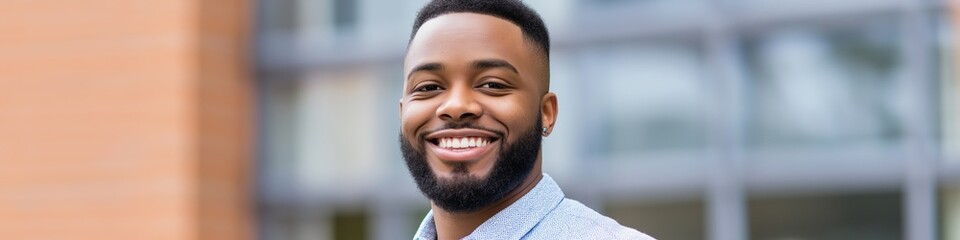 Obraz premium A man with a beard and a smile is standing in front of a building. He is wearing a blue shirt and a white shirt