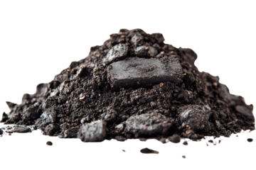 A detailed view of a pile of fine black soil with various textures and shapes, isolated on a white background.