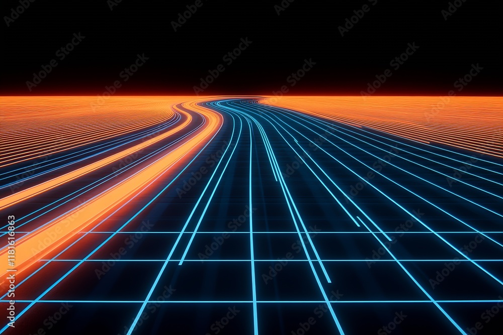 Poster Neon Pathway in Abstract Digital Landscape with Blue and Orange Lights : Generative AI