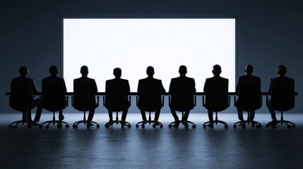 Strategic planning drives execution and leadership. Silhouettes of people in business attire facing a blank screen.