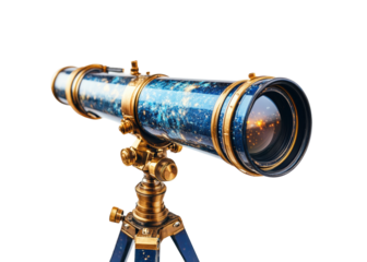Elegant vintage telescope with golden accents and blue body, antique astronomical instrument on a tripod stand, luxurious decorative optical tool, isolated on transparent background