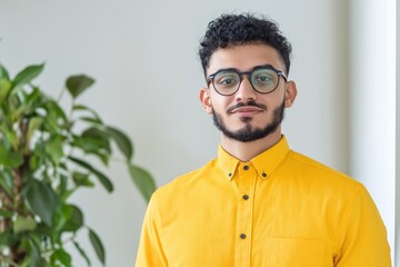 Fototapeta premium A man with glasses and a beard is wearing a yellow shirt. He is smiling and looking at the camera
